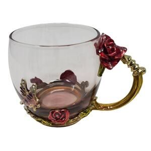 ARC Glass Tea Cup Coffee Mugs Rose Accent Rhinestones Floral Butterfly Decor